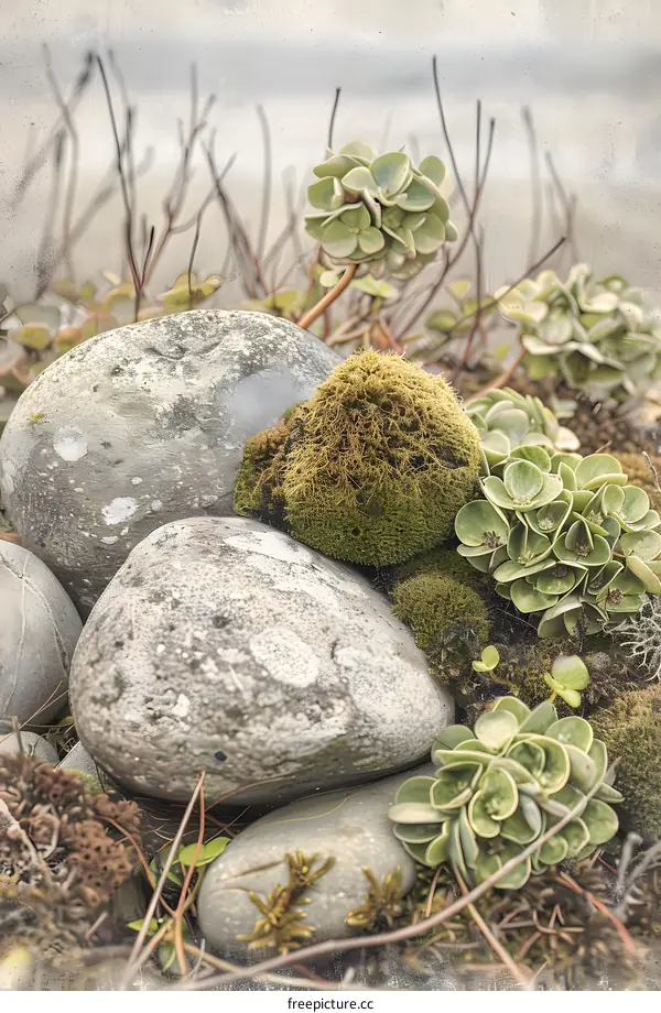 Closeup of Mossy Rocks and Succulents with a Blurred Background