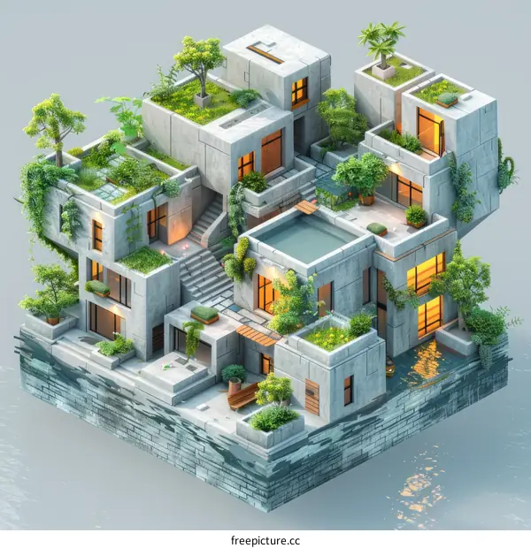 A collection of brutalist style buildings arranged in a utopian setting