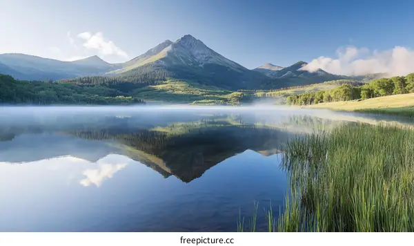 Misty Morning Reflections on a Mountain Lake