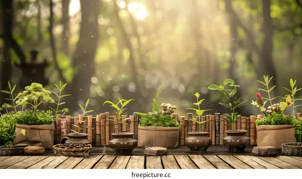 Green Plants in Pots on Wooden Deck with Bamboo Fence and Sunlit Forest Background