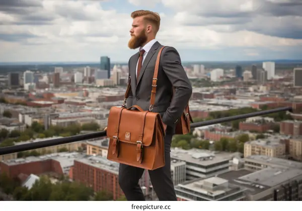 A man with a beard is wearing a suit and carrying two leather bags.