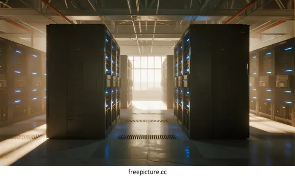 Large Data Center with Rows of Server Racks and Bright Lighting