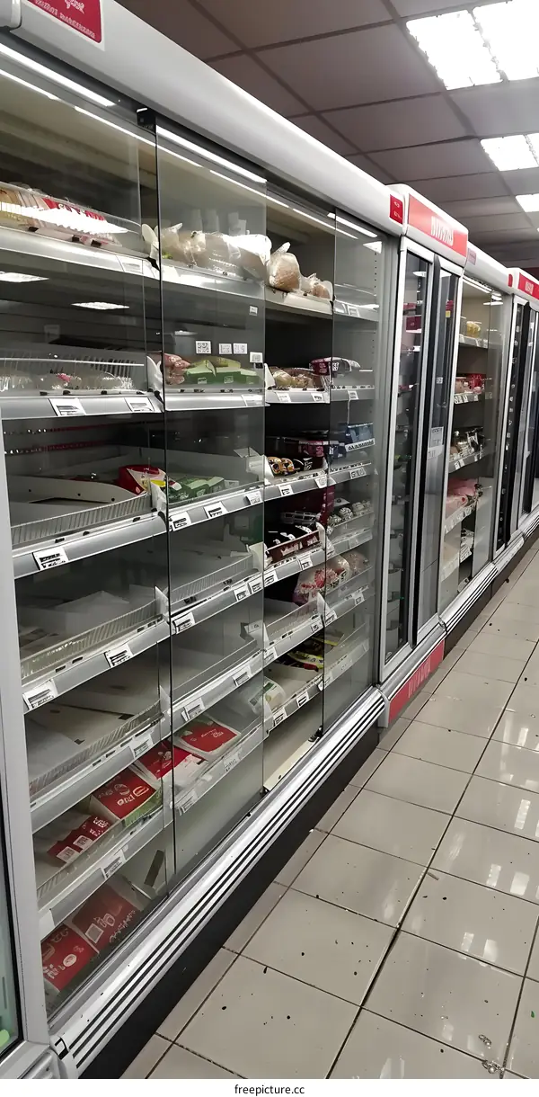 Refrigerator Case Filled With Packaged Food In Grocery Store