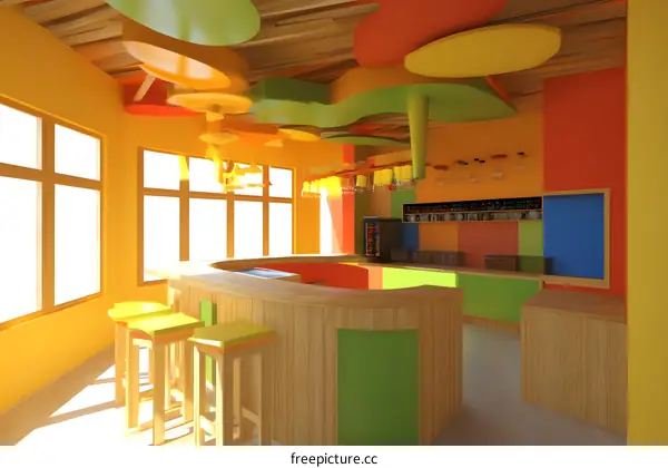 Colorful Bar Interior Design with Wooden Counter and Stools