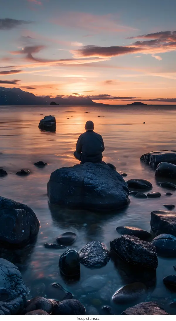 Silhouette of a Man Sitting on a Rock at Sunset by the Sea