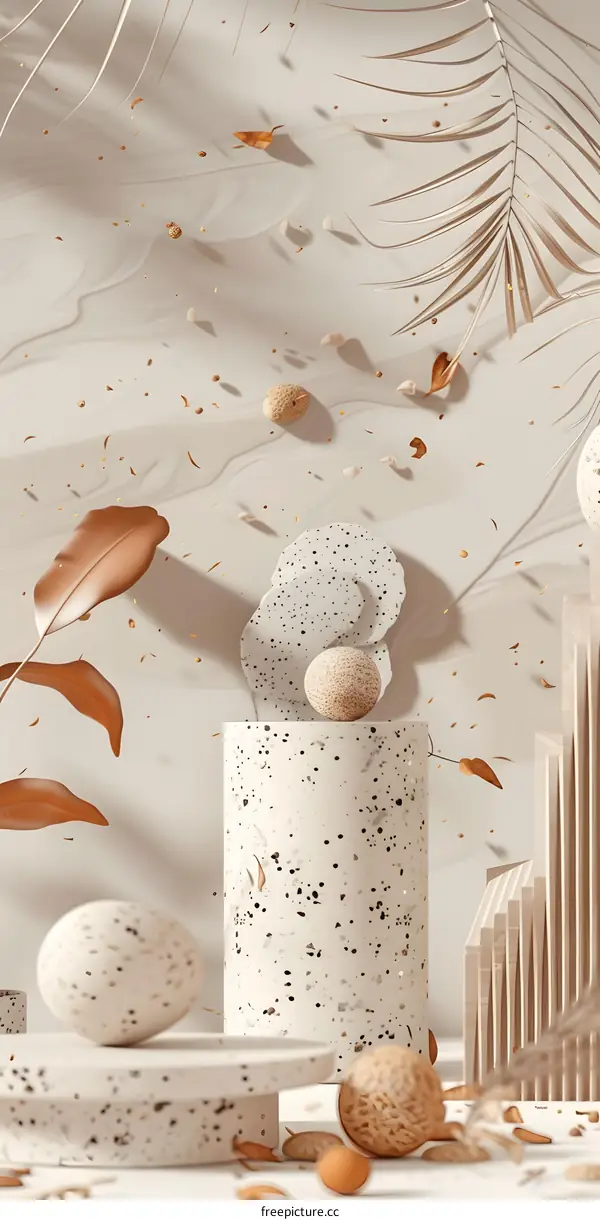 Beige Aesthetic 3D Rendering with Geometric Shapes and Leaves