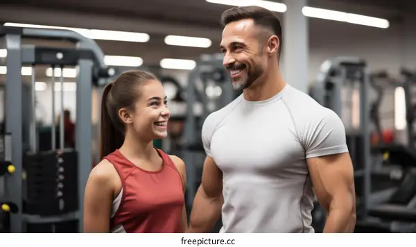 Smiling man and woman in sportswear standing in a gym