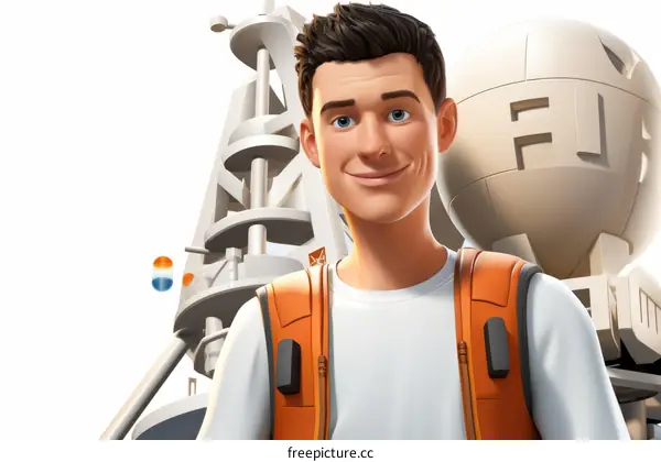 A young man standing in front of a futuristic vehicle