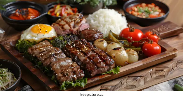Korean food with rice, beef, egg and vegetables