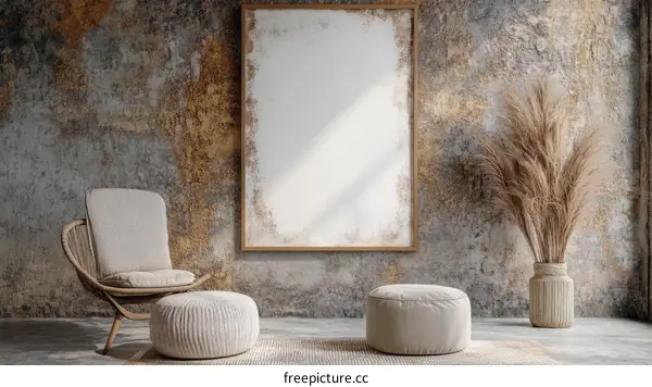 Modern Bohemian Style Living Room Mockup with Empty Frame