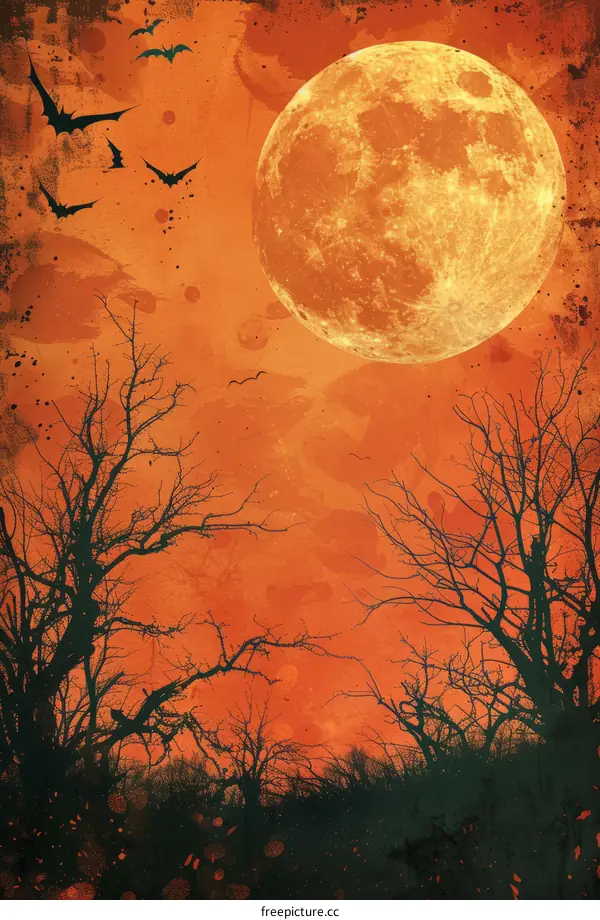 Spooky Halloween Night with Bats and Full Moon