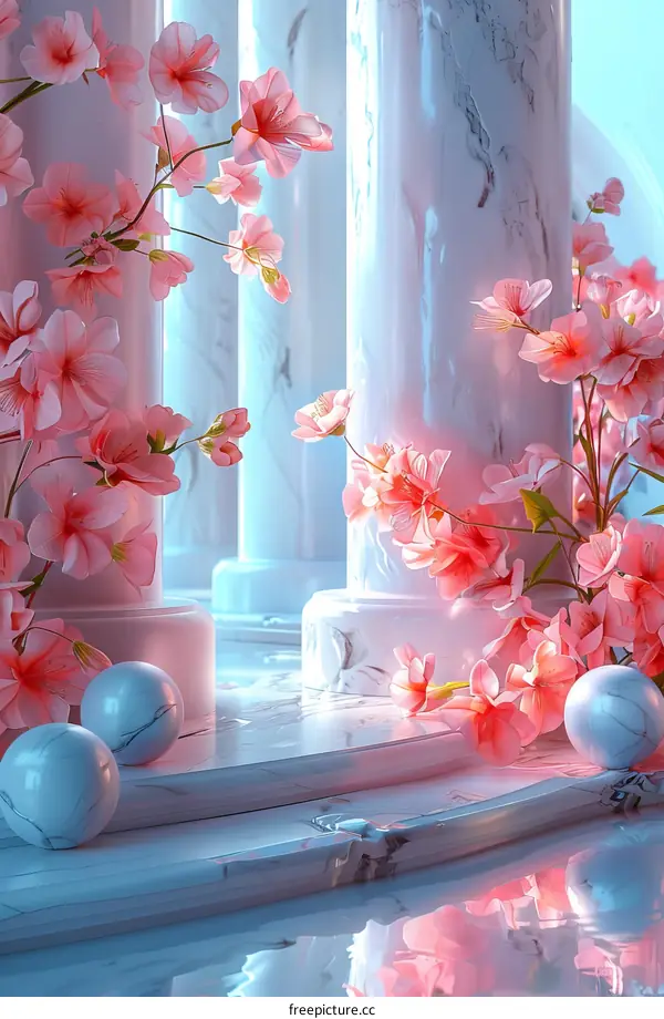 Pink Cherry Blossoms in a Marble Garden