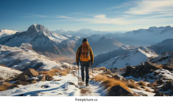 A lone hiker traverses a snowy mountain landscape