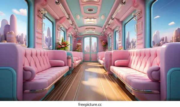 A pink and blue train carriage with large windows