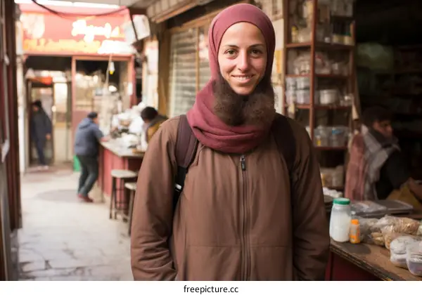 Portrait of a young woman wearing a headscarf and a brown jacket smiling in a market