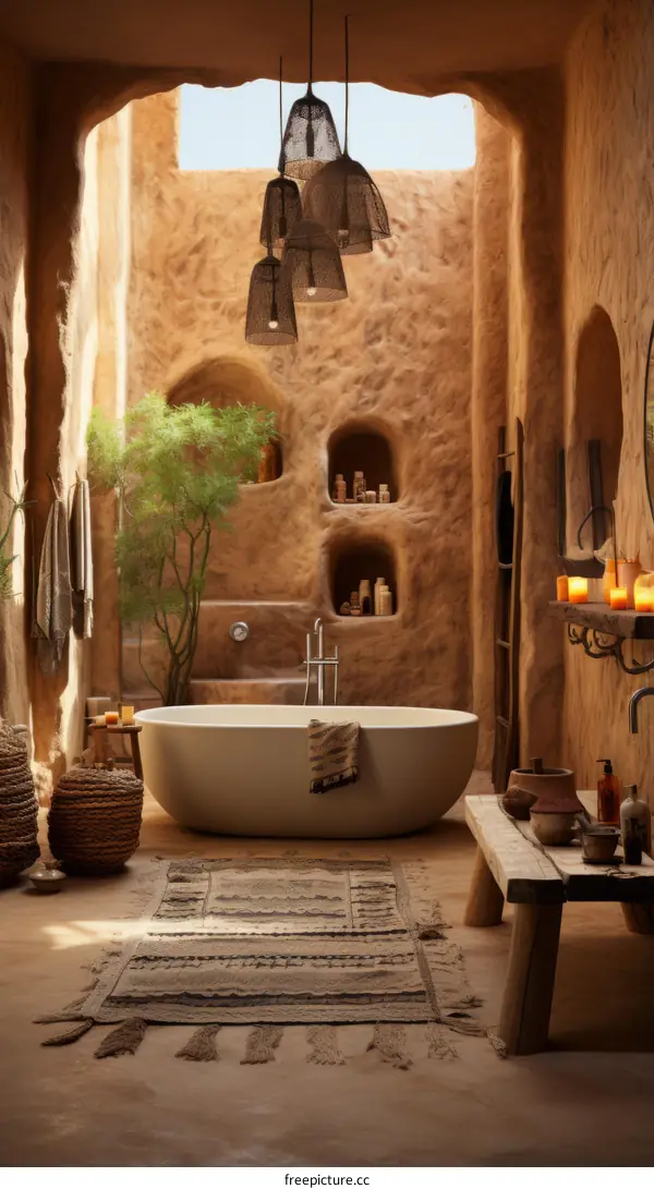 Earthen Bathroom with a Large Freestanding Tub