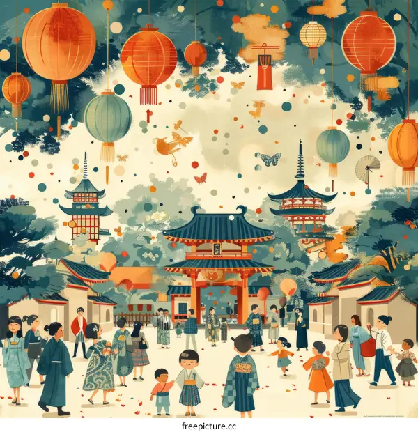 Kimono-Clad Revelers at a Japanese Festival