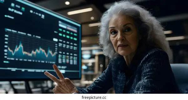 Senior Businesswoman Pointing at Financial Chart on Computer Monitor