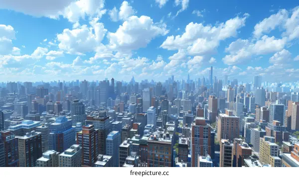 Cityscape with Towering Buildings and Blue Skies