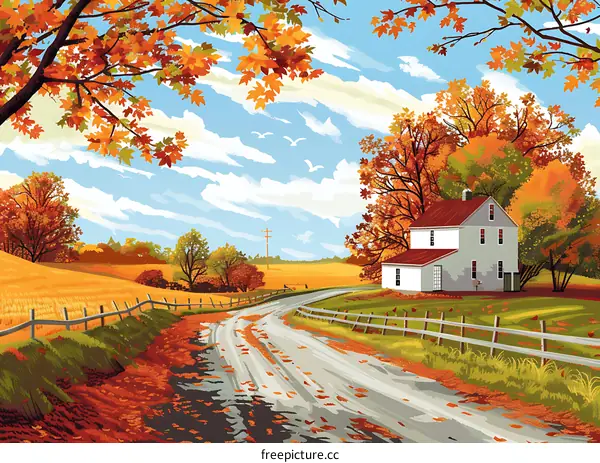 Autumn Countryside Landscape with House and Winding Road