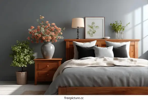 Stylish Bedroom Interior with Wooden Furniture and Flowers