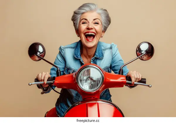 Happy Senior Woman Riding a Red Scooter