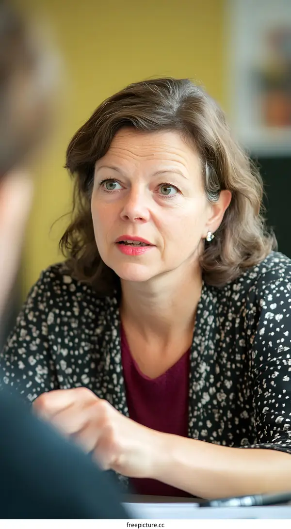 Woman with brown hair and red lipstick talking