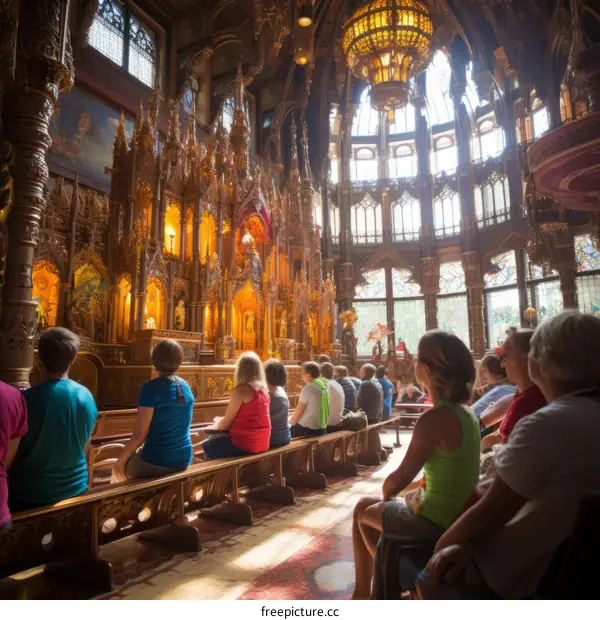 ornate church interior with stained glass windows and people sitting in pews