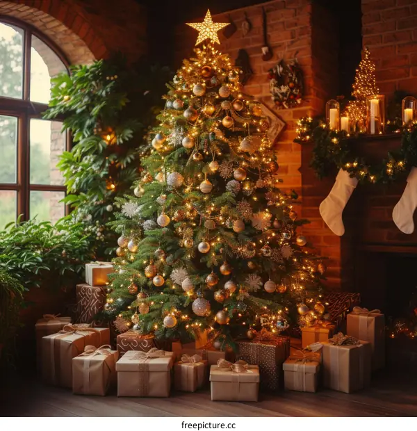 A beautifully decorated Christmas tree stands in a living room.