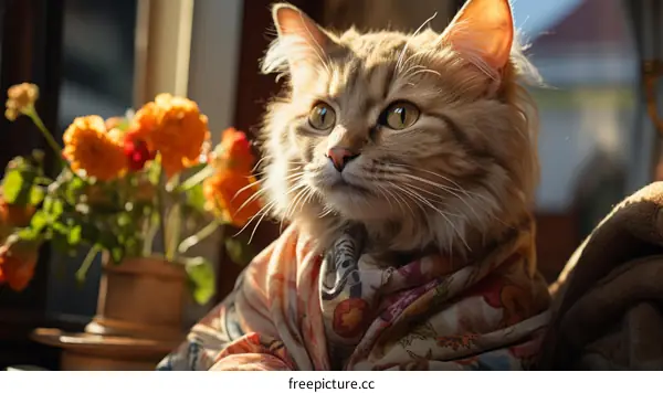 Ginger Cat with Floral Scarf Relaxing by a Window