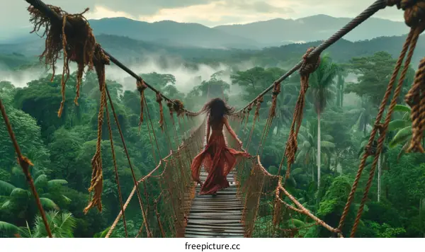 A woman in a red dress walking on a rope bridge in the jungle