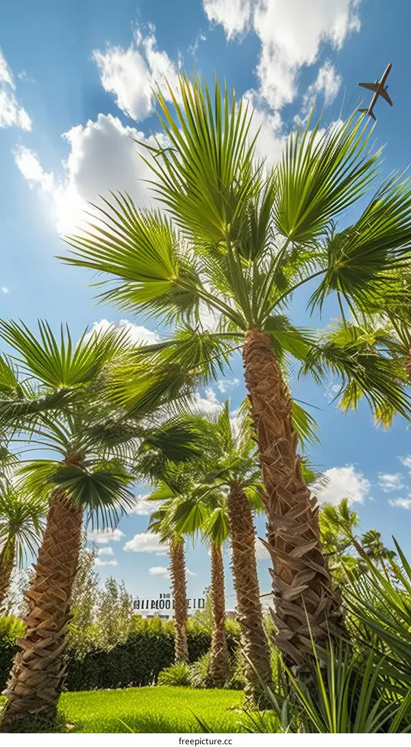 Palm trees against the sky with airplane flying above