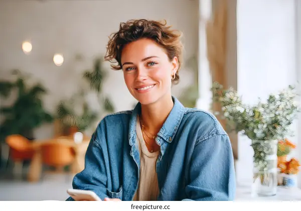 Smiling Woman in a Cafe Using a Smartphone