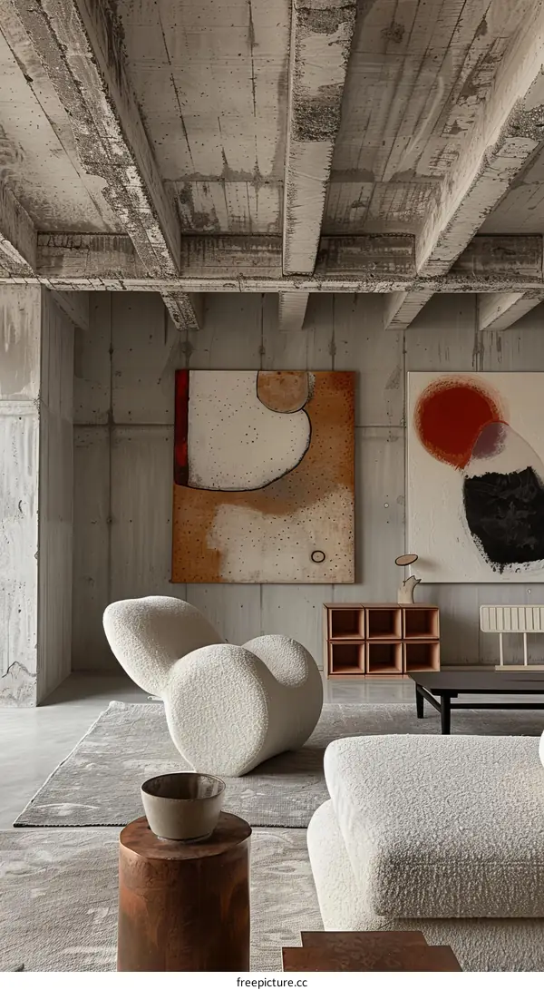 Modern Living Room Interior Design with Paintings on Concrete Wall