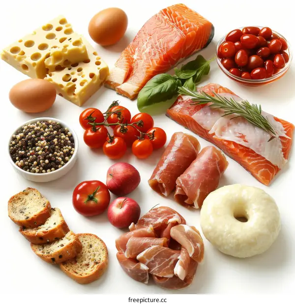 Variety of Food: Cheese, Fish, Eggs, Tomatoes, and Bread