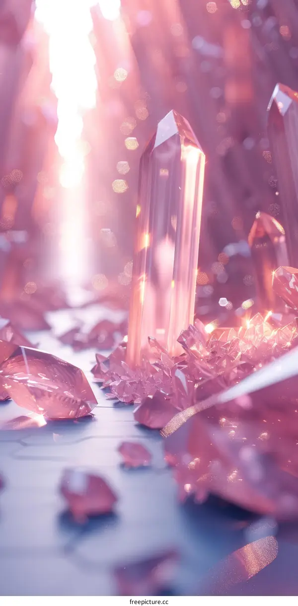 Pink crystals in a magical cave with a beautiful bokeh background