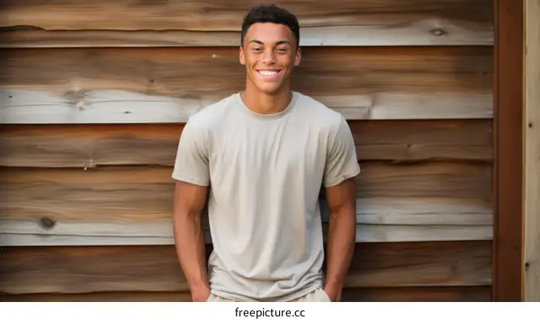 A young man is standing in front of a wooden wall and smiling at the camera