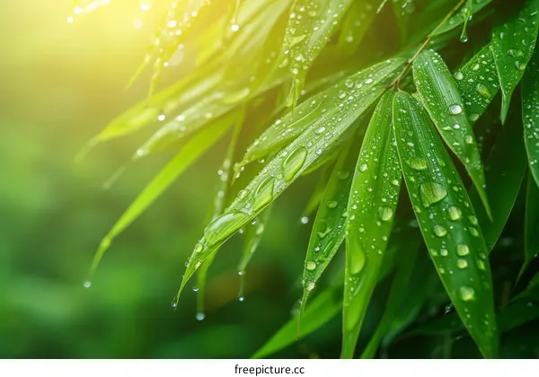 Close-up of bamboo leaves with water drops