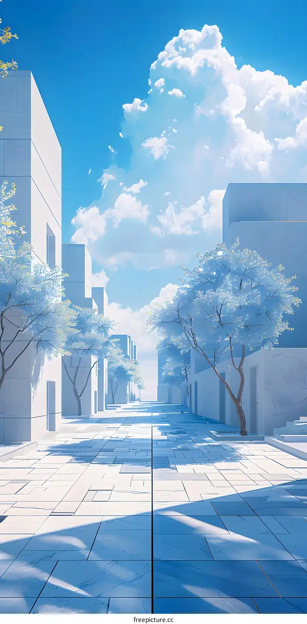 An illustration of a wide street with white buildings and blue trees under a blue sky with white clouds