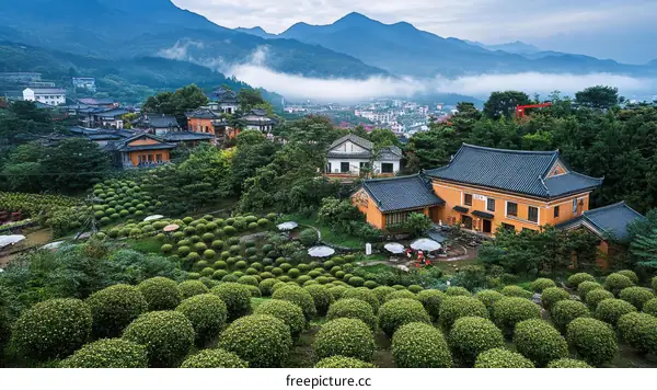 Mountain Village Scenic Landscape with Traditional Architecture