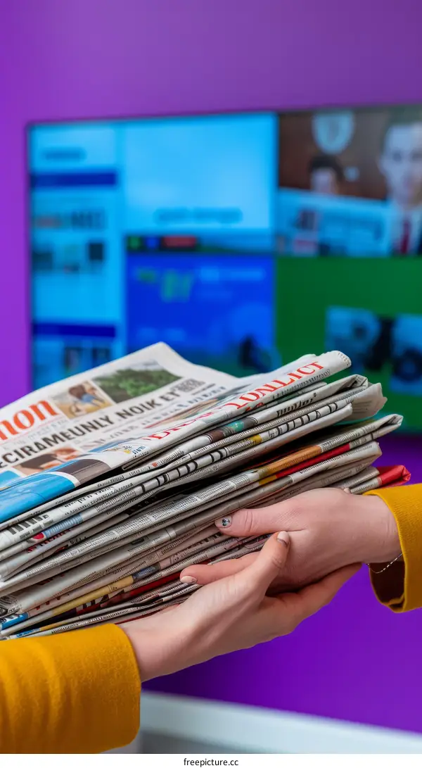 A stack of newspapers being held by a person with a television in the background