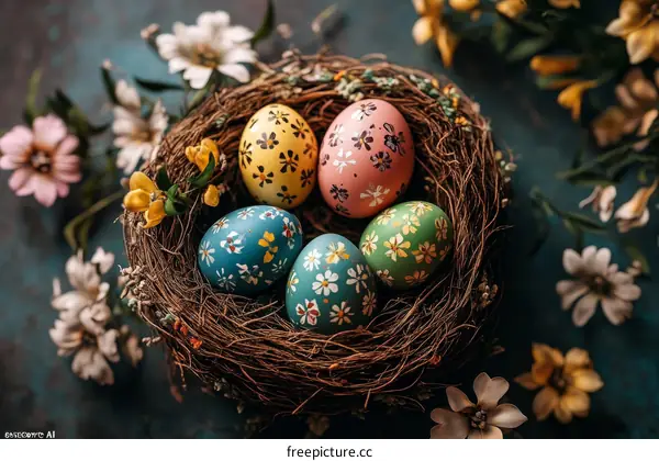 Decorated Easter Eggs in a Nest