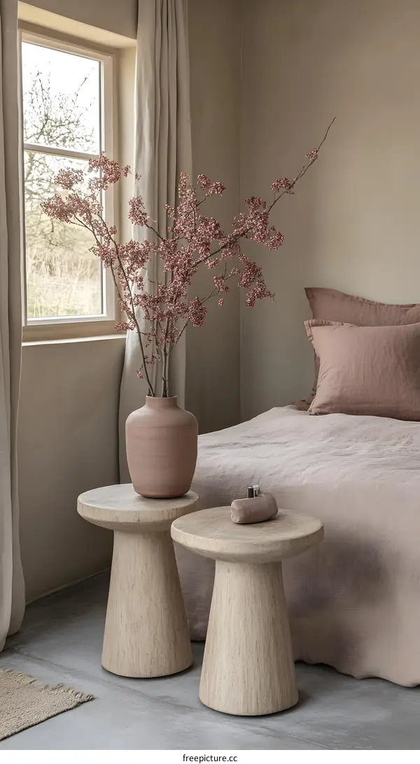Wooden Side Table with Flower Vase and Window View