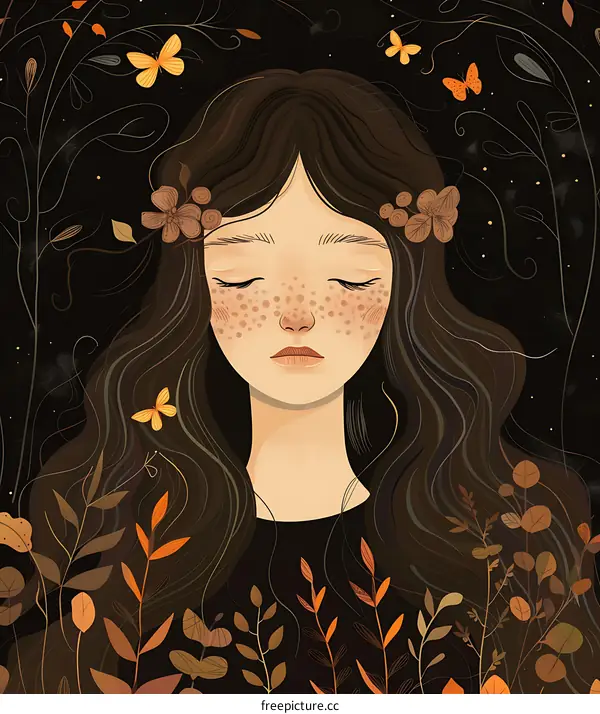 Girl with Closed Eyes Surrounded by Plants and Butterflies