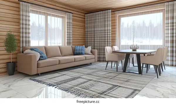 Cozy Winter Cabin Living Room and Dining Room Interior Design