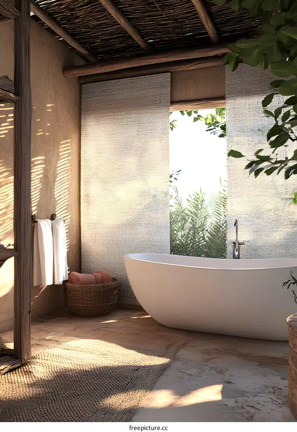 Modern Bathroom Design with Wooden Beams and Natural Elements