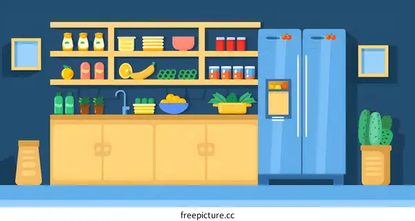 Kitchen Interior Design with Blue Refrigerator and Cabinets