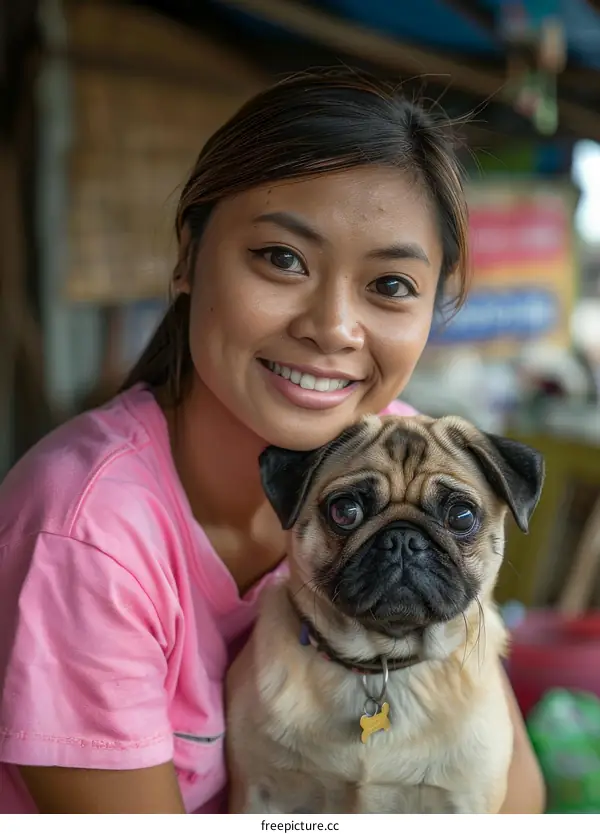 A young woman is smiling and hugging a pug