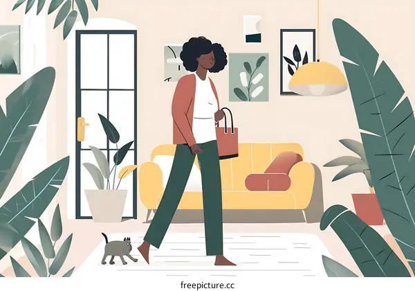 Woman Walking Through Her House with Her Cat