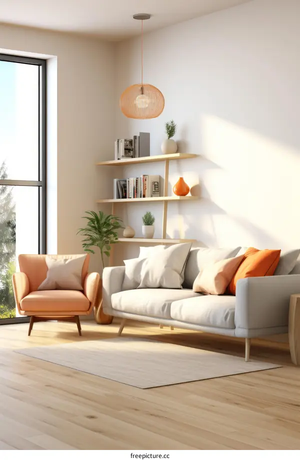 A bright and airy living room with a large window, sofa, armchair, and plants